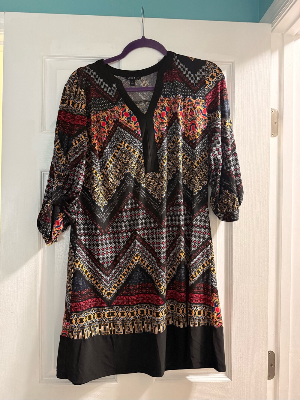 Mixed Chevron Print Women's Tunic Dress - Black with Red & Gold Accents